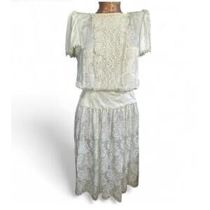 80s Vinatge Gunne Sax Scott McClintock 100% Cotton & Lace Ivory Dress Size 6